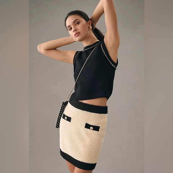 Anthropologie Endless Rose Black and Cream Knit Mini SKIRT- Kentucky Derby - Picture 2 of 8